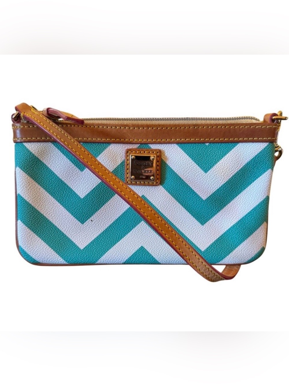 Dooney & Bourke Teal White Chevron Wristlet with Tan Trim